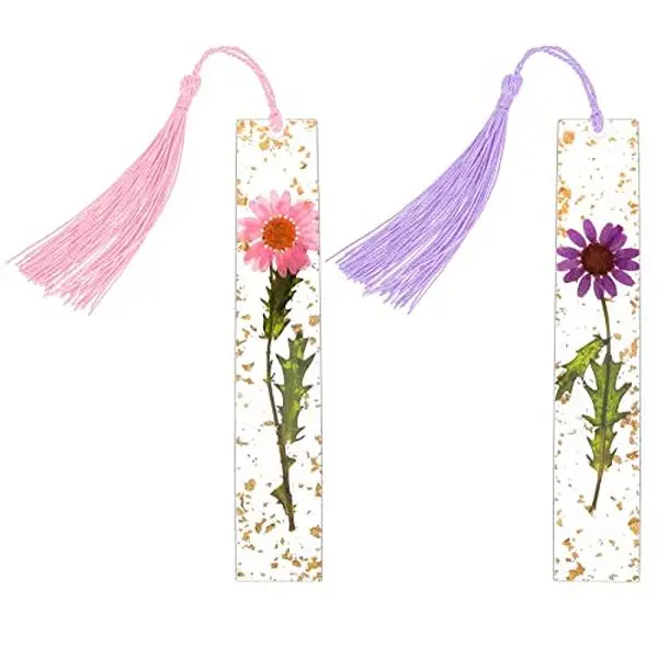 Dried Flower Bookmarks with Tassels, Dried Flower Resin Bookmarks Handmade Transparent Floral Dried Flower Page Marker with Colorful Silky Tassel for Women Girls Gift (2pcs Pink)