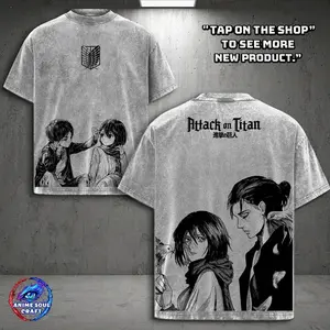 AOT Eren Yeager x Mikasa Ackerman Washed Graphic Top, Heavyweight Casual Fabric Streetwear, Gift for AOT Fans,Men's Oversized Round Neck Cotton Short-Sleeve Seamless T-Shirt KG3
