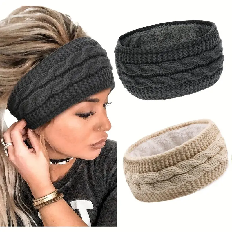 2-Pack Women's Winter Headbands with Furry Ear Warmers  Soft & Stretchy Polyester Hairbands for Cold Weather  One Size Fits Most  Cozy Black & Grey Ear Warmers for Winter Activities