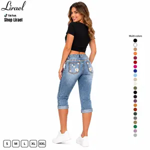 Vintage Daisy Embroidered Denim Capris |   High Waisted Cuffed Crop Jeans For Women, Slim Fit Floral Summer Pants