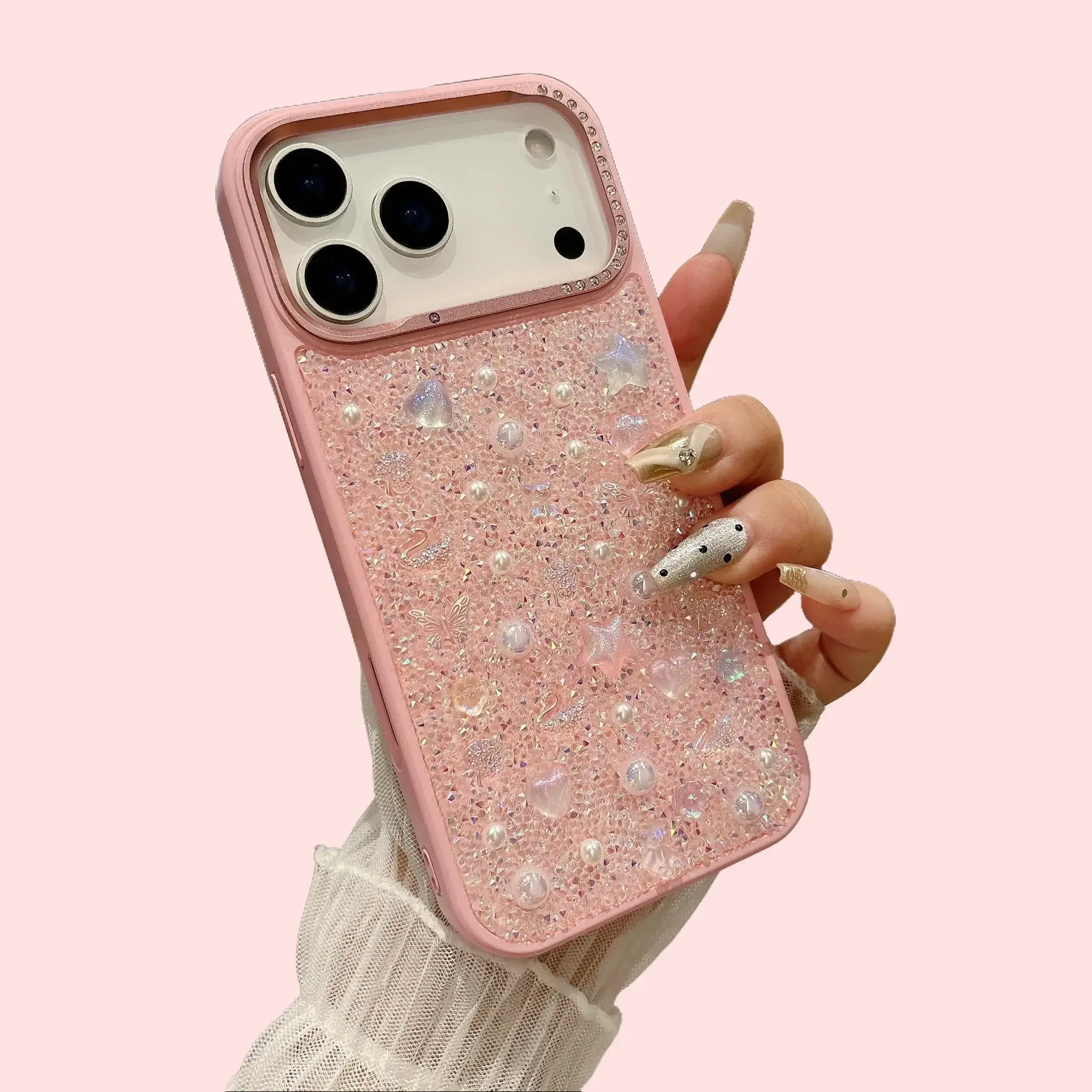 Luxury 3D Floral Pattern Full Rhinestone Flush Mount Protective Phone Case - PC Shell Mobile Phone Accessories with Protection for Multiple iPhone Models (17 Pro Max,16 Pro Max,15,14,13), Iphone Series