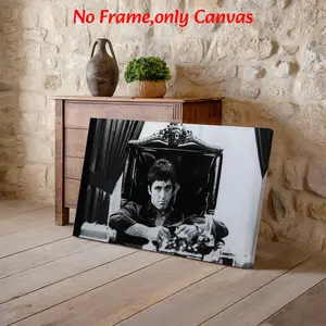 Iconic Gangster Movie Wall Art, Artwork, Tony Montana Scarface Black And White Poster, Classic Vintage Cinema Style Printing, Monochrome Toned Canvas Decoration, Living Room & Bedroom Aesthetic, Perfect Gift For Movie Fans, Unframed.