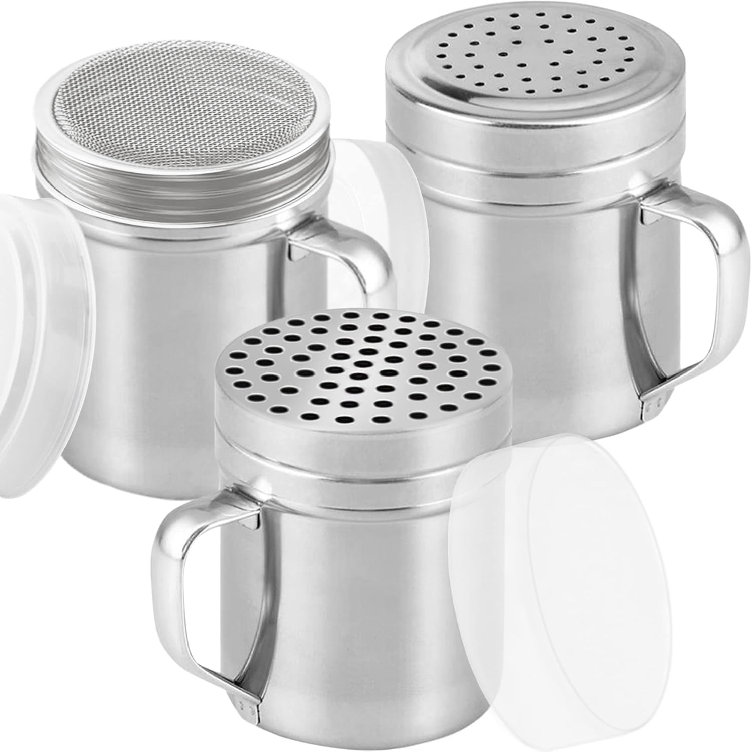 Pack Of 3 Stainless Steel Powdered Sugar Shakers - Durable Fine Mesh Sifters with Handle & Lid for Cinnamon, Flour, Salt, and Pepper - 10oz Kitchen Tool