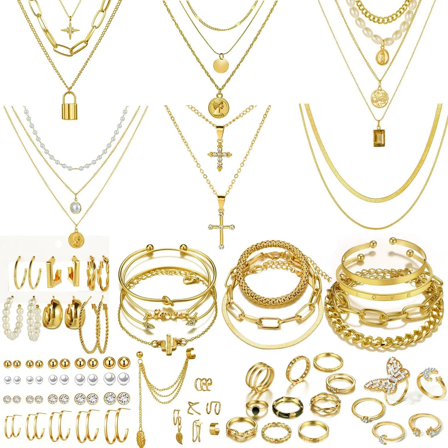 73-Piece Gold Plated Jewelry Set for Women, Dainty Accessory Pack with Layered Necklaces, Rings, Anklets, Hoop Earrings, Ear Cuffs & Studs - Girly Friendship Party Gift