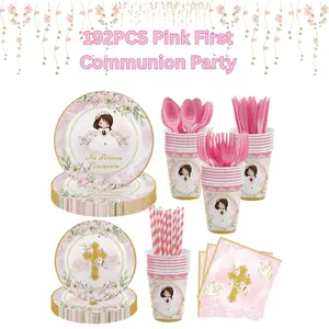 192PCS Pink First Communion Party Supplies for Girls – Mi Primera Comunión Tableware Set with Plates, Napkins, Cups & Tablecloth for 24 Guests