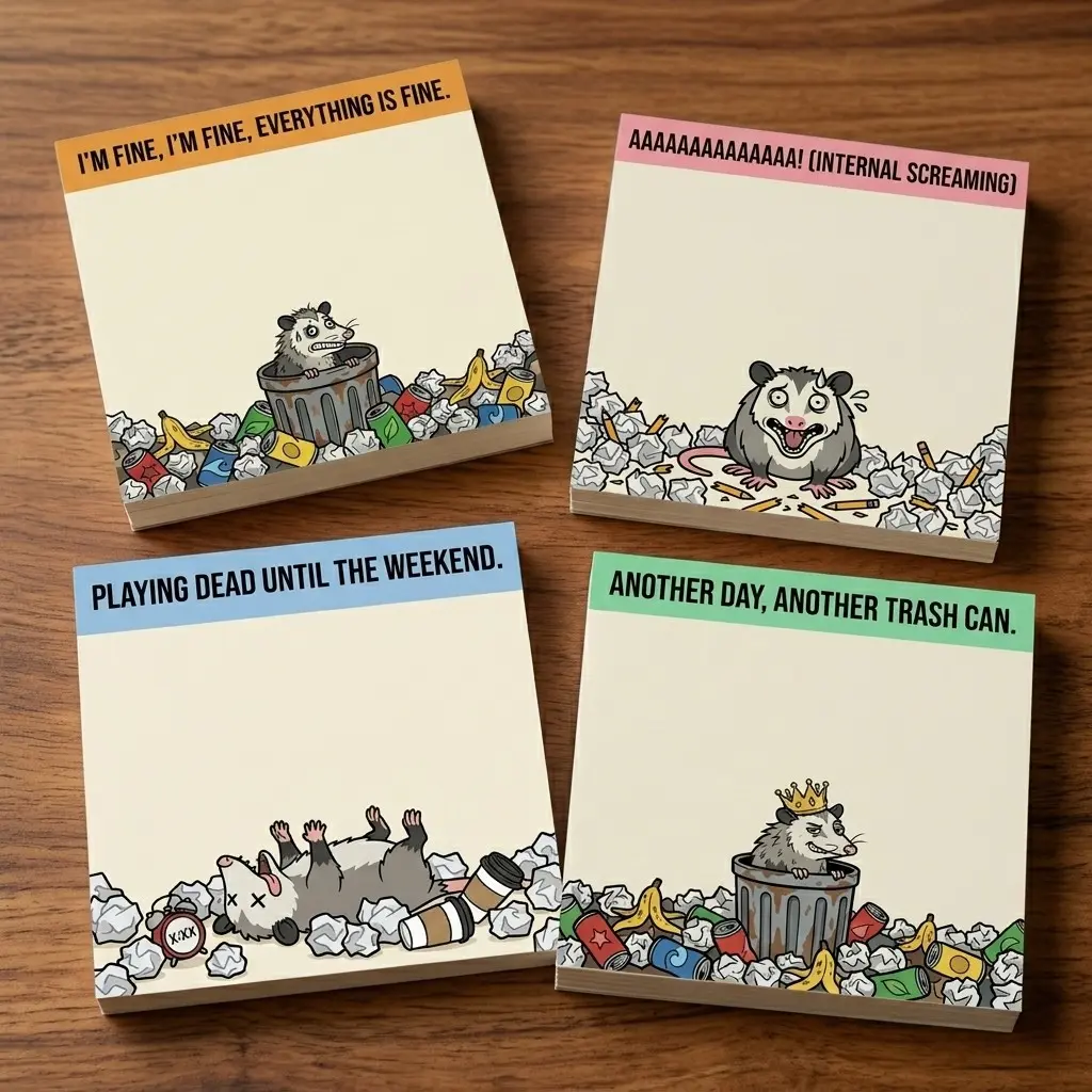 Funny Opossum Sticky Notes Set 4 Pack, 3x3 Inch Novelty Memo Pads (50 Sheets/Pad), Office Desk Accessories & Humor Gag Gift for Coworkers or Adults, Relatable Possum Stress Relief Stationery