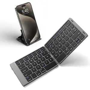 X-KBB05   Foldable Bluetooth Keyboard - Portable Folding Keyboard for Travel, Rechargeable Wireless Keyboards with Phone Holder for iPad, iPhone, MacBook, Android, Windows Laptop Tablet PC - Gray