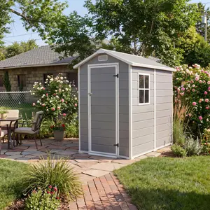 Spacious Outdoor Storage Outdoor Storage with Floor – 4x6 FT Heavy-Duty Plastic Resin – Window, Lockable Door & Sloped Roof – Waterproof Patio & Backyard Organizer for Lawn Mower, Bike, Tools