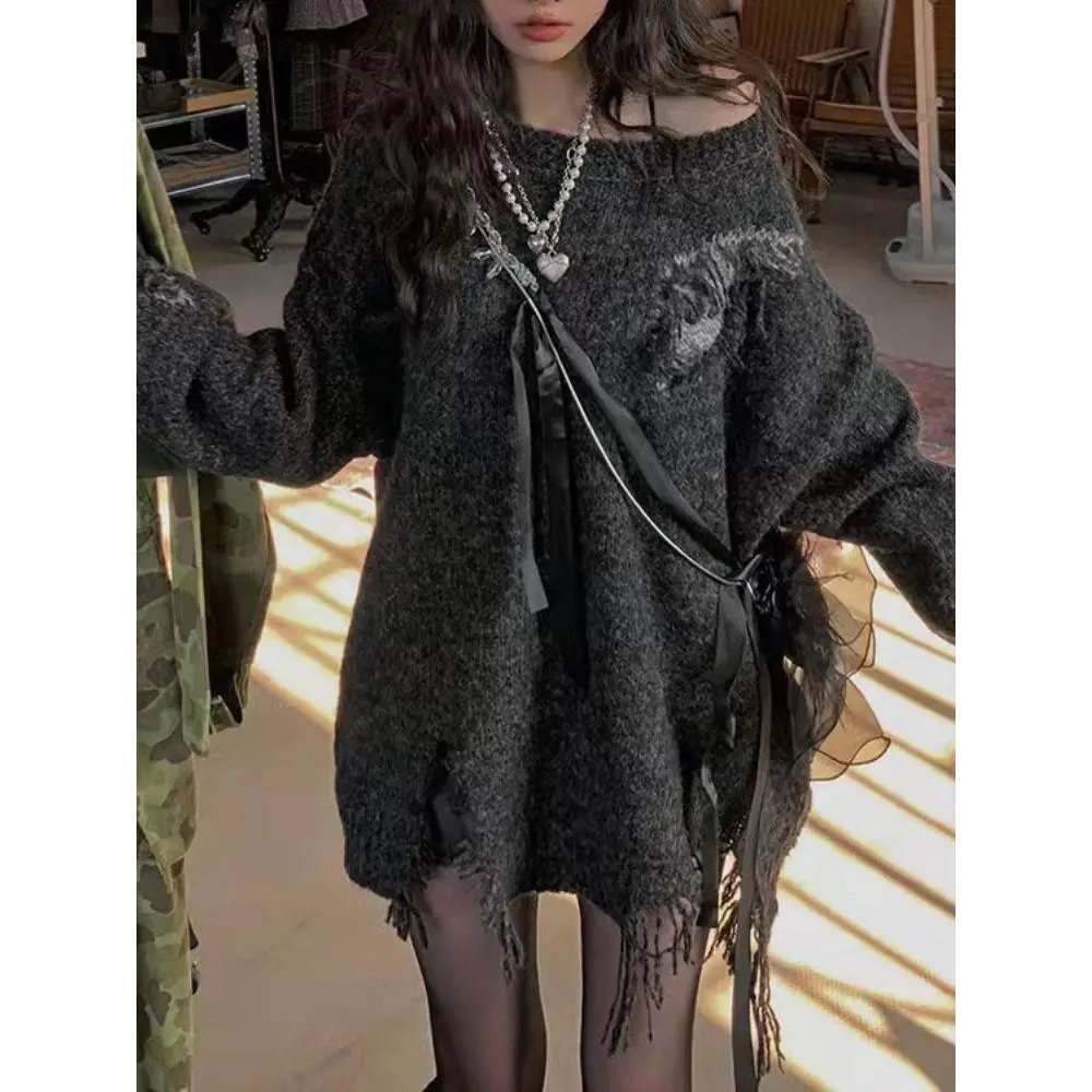 2025 Harajuku Vintage Grunge All Match Sweaters Women Y2k Aesthetic Oversized Hole Jumpers Streetwear Casual Gothic Pullover