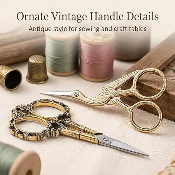 Kitchen Gold Vintage Plum Blossom-Crane Design Sewing Scissors - Small Sharp Precision Blades, Classic Ornamental Handle for Cross Stitch, DIY Handwork Crafts, Everyday Use