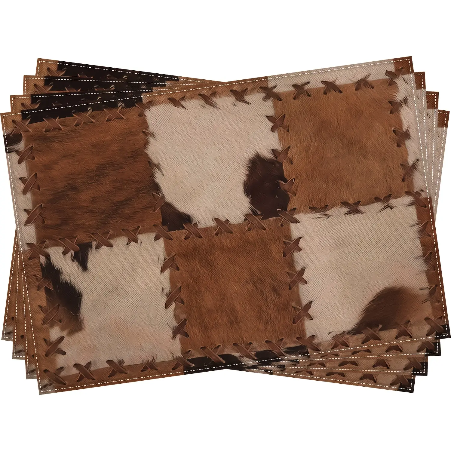 4-Pack Western Cowboy Farmhouse Placemats, 12x18 Inch, Woven Linen & Polyester, Hand Wash, Heat Resistant, Cowhide Print, Rectangular Table Mats for Restaurant, Patio, Kitchen Decor