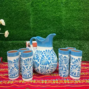 Relieve Pitcher Color Azul Turquesa Set Glass.