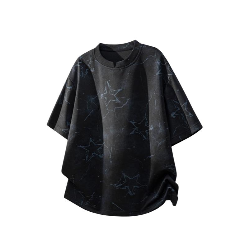 Men’s American tie-dye V-neck printed T-shirt with dropped shoulders and short sleeves; lightweight knit top for summer—breathable, trendy, versatile casual wear for everyday use and outdoor sports; Y2K style.