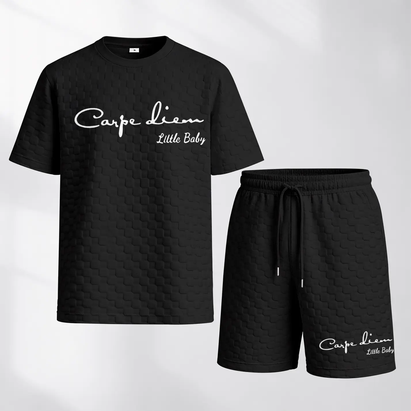 Men's Spring And Summer Carpe Diem Print With Red And Black Line Checkered Fabric Drawstring Shorts Set, Casual Summer Outfit With Short-Sleeved Shirt And Shorts, Ideal For Everyday Wear And Sports Activities