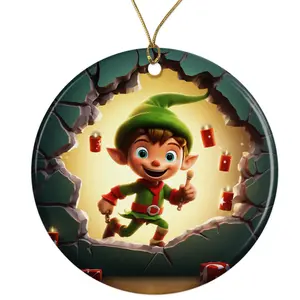 Cute Funny Elf Cartoon Ceramic Ornament - Breakthrough 3D Effect Burst Illusion Kids Ornament - 3 Inch Christmas Tree Round Ornament - Xmas Holiday Decor - String Included - ORNW0056