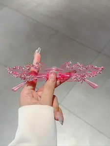 Women's Frameless Flame-Shaped Glasses, Fashion Multi-Color Lenses with Colorful Rhinestones Decorations, Cute Lightweight Luxury Eyewear