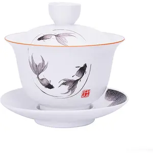 Porcelain Gaiwan 8oz Teacup White Glazed Tureen Chinese Sancai Cover Bowl Lip Cup Saucer Set   Traditional Classic Lid Tray Cup jackie  cups