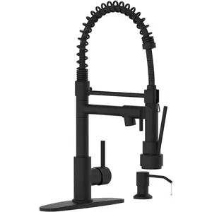 Kitchen Faucet with Soap Dispenser, Single Handle Spring Kitchen Sink Faucets with Pull Down Sprayer and Deck Plate,Black Faucet for Camper Farmhouse RV Kitchen Sink,Dual Function
