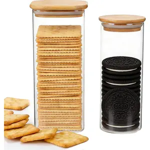 2 Pack Cookie Storage Containers, Glass Cookie Jar, Cracker Holder with Wooden , Airtight  Storage Containers for Biscuit, Dried Goods,  and Candy, Round & Square