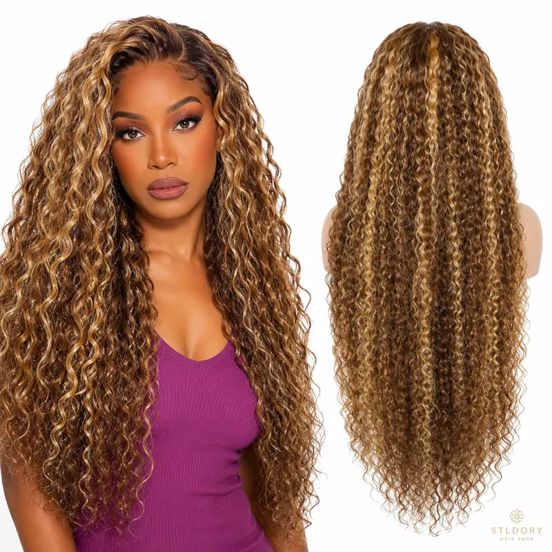 4/27 Highlight Deep Wave Human Hair Wig STLDORY HAIR SHOP 13x4 Lace Front Brown Honey Blonde Curly Wig Pre Plucked Natural Hairline for Women Daily Glam