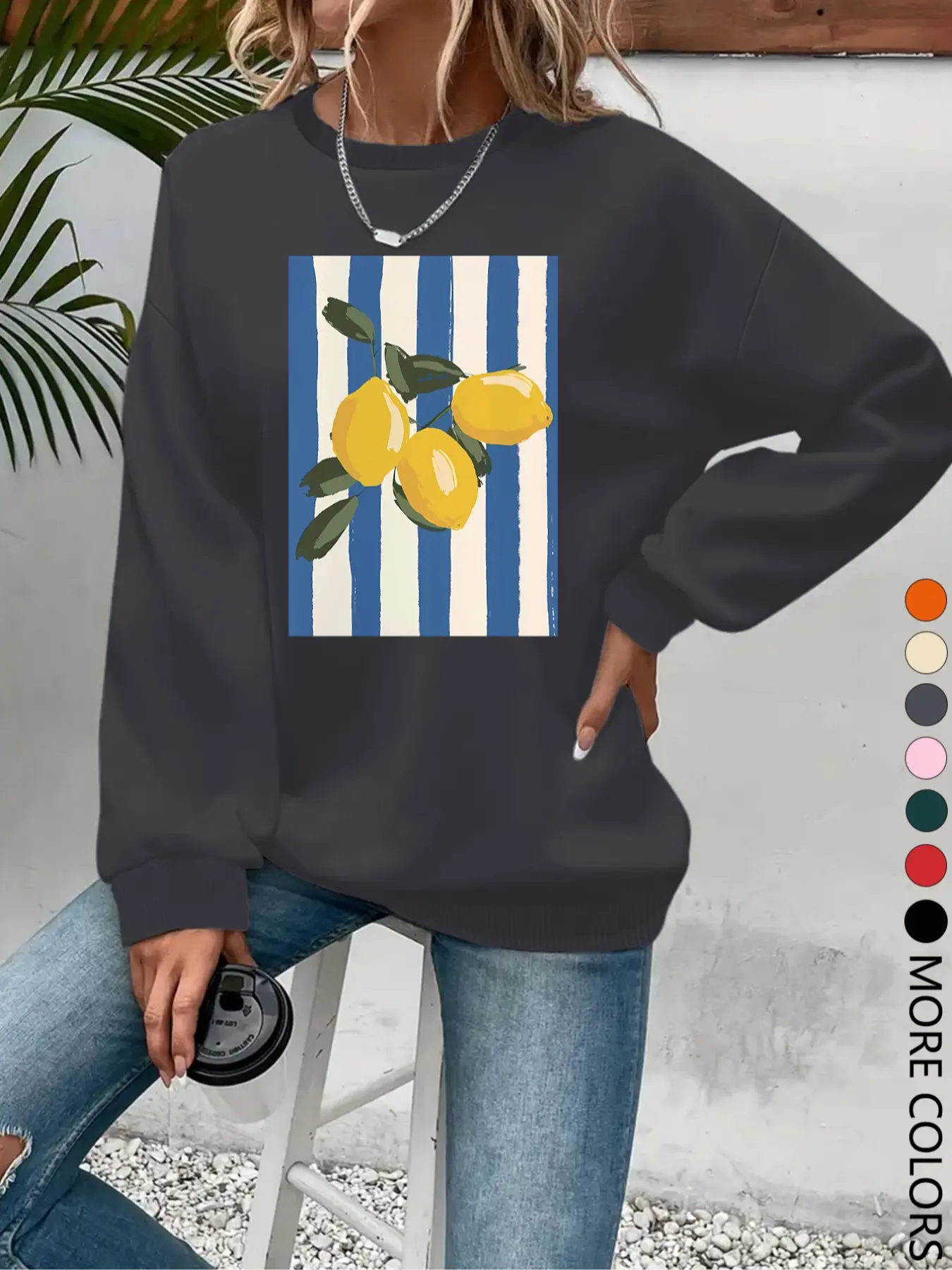 New Creative Simple Letter Lemon Print Casual Pullover Long Sleeve Round Neck Sweatshirt for Women, Trendy Multi-Color Options