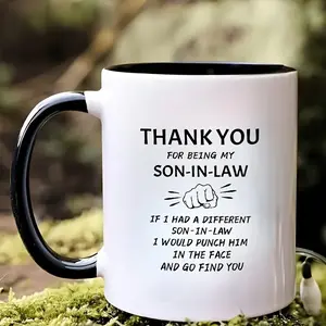 1pc 11oz Cherished Son-in-Law Coffee Mug - Humorous "Thank You for Being My Son-in-Law" Design with Fist Graphic, Insulated Reusable Ceramic Cup, Durable Gift for Mother's Day, Birthdays, Thanksgiving, Easter - Office, Family, Friends, Coffee Bar Accessor