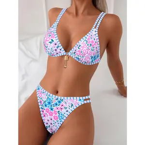 Women's Vintage Floral Print Triangle Quick-Dry Two-Piece Bikini, Sexy 2-Piece Swimwear with Metal Pendant Decor, Adjustable Shoulder Straps, Front Tie Design, Bikini Swimwear