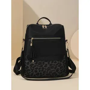 Fashion Colorblock Leopard Print Backpack with Zip Closure for Women Girls Lightweight Travel Multi-use for College Middle School Office