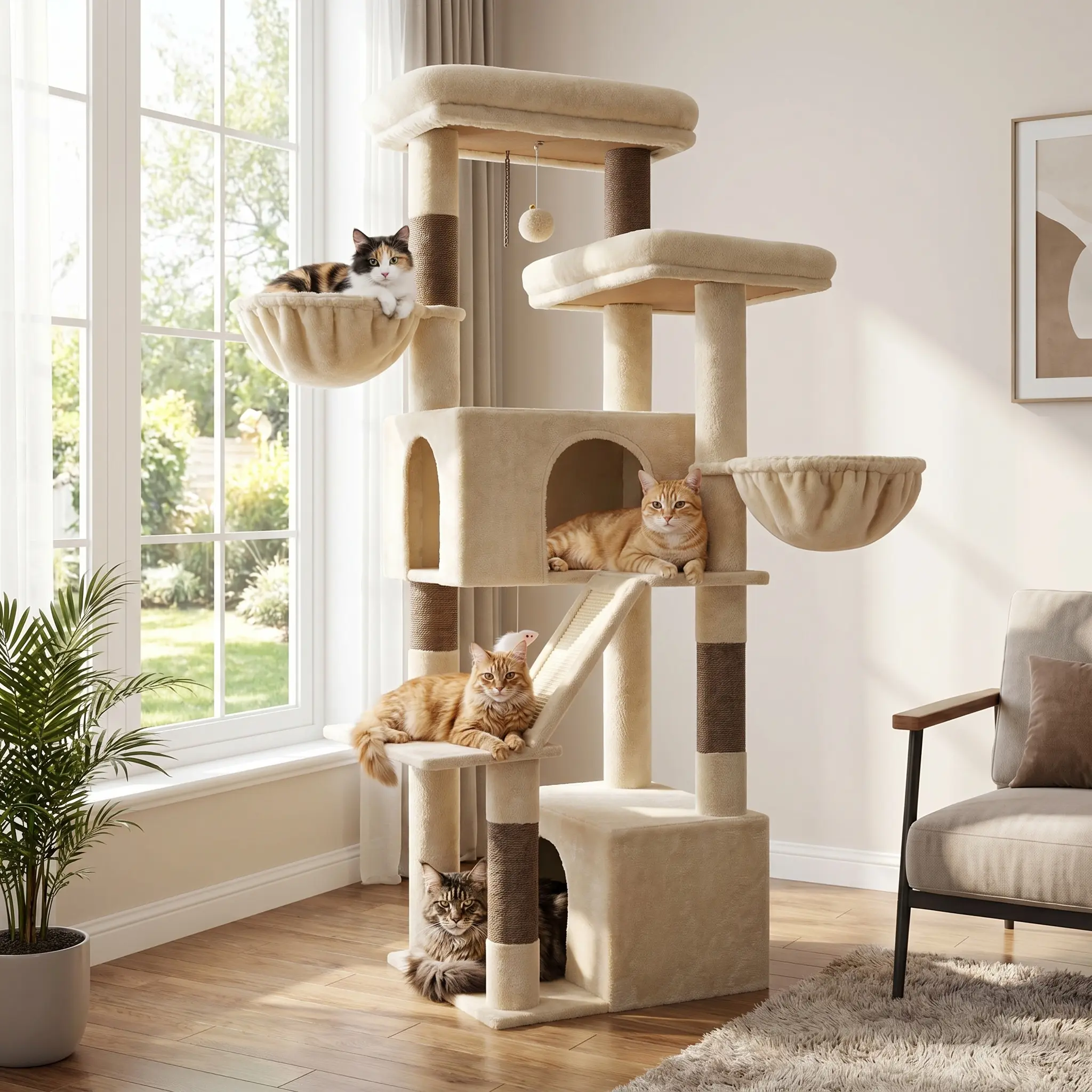 DESKAT 69 Inch Heavy Duty Cat Tower with 2 Large Condos, Dual Hanging Baskets & 2 Oversized Perches — Multi-Level Cat Tree for Big Cats