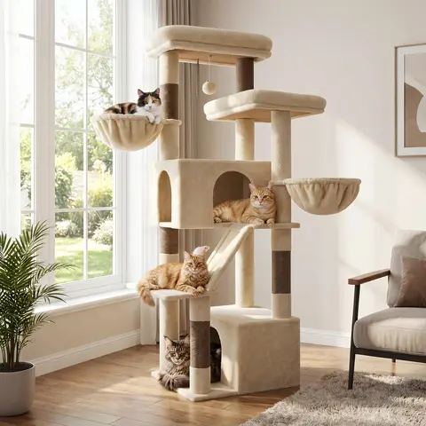 DESKAT 69-Inch Freestanding Heavy Duty Indoor Multi-Level Cat Tree - 2 Dual Condos (Double the Privacy), 2 Oversized Perches (High View), Floating Hammocks, Climb & Rest Scratcher for Big Cats