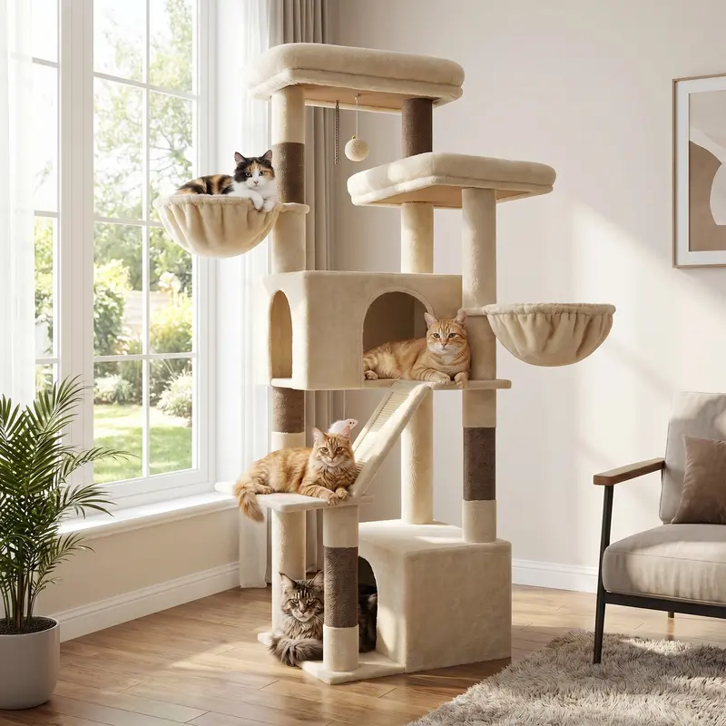 DESKAT 69-Inch Freestanding Heavy Duty Indoor Multi-Level Cat Tree - 2 Dual Condos (Double the Privacy), 2 Oversized Perches (High View), Floating Hammocks, Climb & Rest Scratcher for Big Cats