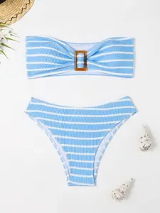 Women's Striped Special Fabric Halter Bikini Set, Two-Piece Design, Casual Fitted Style, Ideal for Vacation and Daily Wear