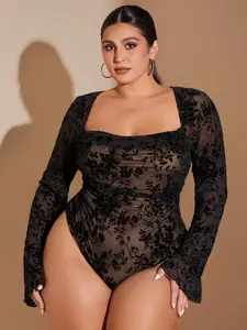 [PLUS SIZE] Hanna BAE Plus Size Women's Spring, Autumn And Winter Black Floral Flocking Print Large Square Collar Trumpet Long Sleeve Bodysuit, Inner Bodysuit, Elegant Sexy Sweet Date Bodysuit, Holiday Wear, Commuting Bodysuit
