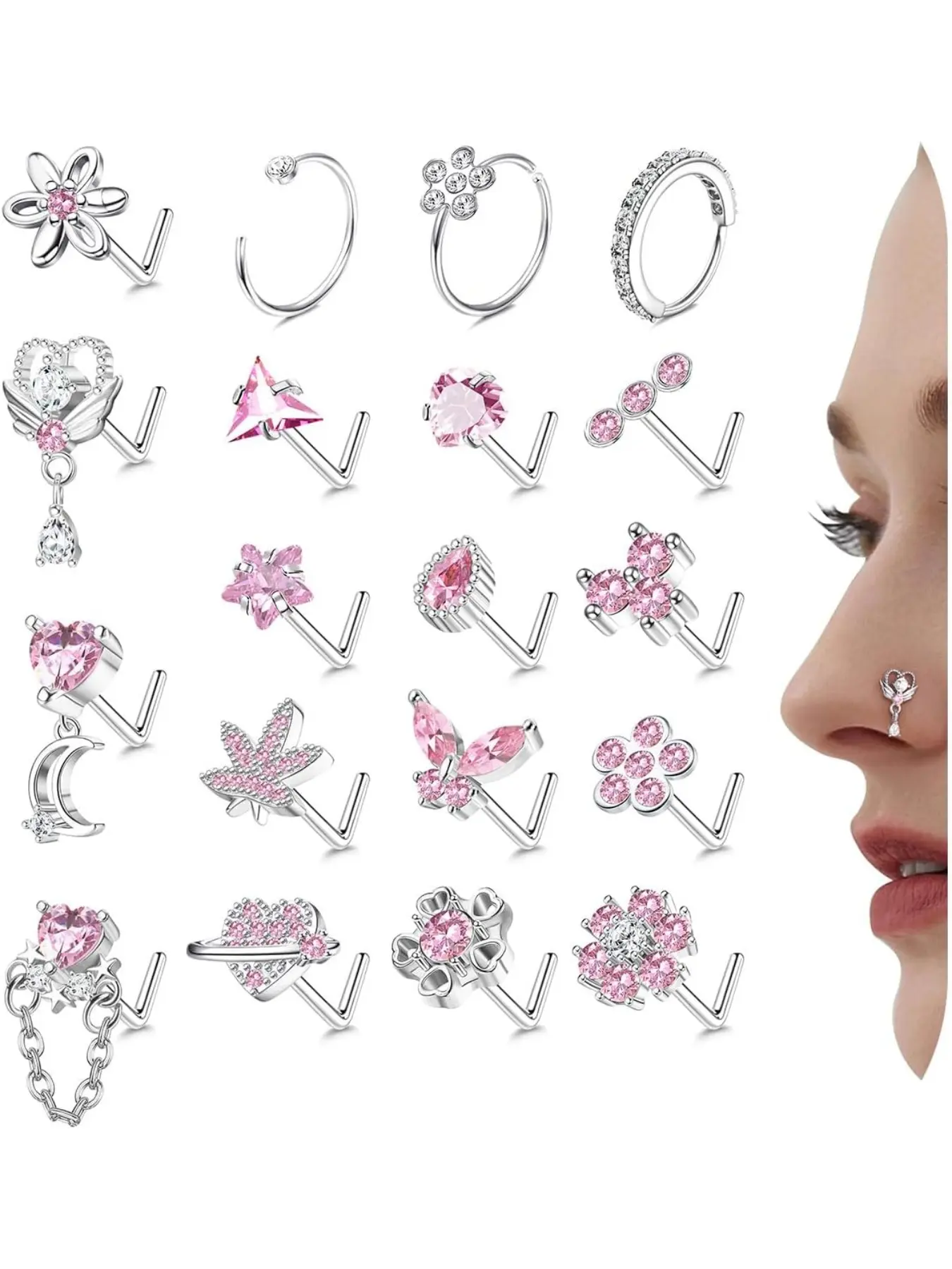 20G Nose Rings Set L Shaped Nose Stud Piercing Jewellery Nose Ring Jewelry for Women Hypoallergenic Stainless Steel Nose Stud Screws with Cubic Zirconia Hoop Nose Rings