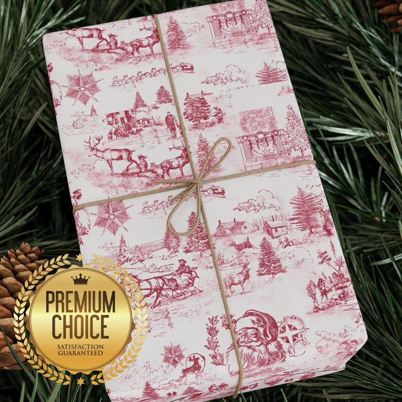 White and Maroon Vintage Santa Claus Toile Style Christmas Wrapping Paper, Red and White Toile Holiday Gift Wrap for Xmas Presents , Best of gift, Meaningful gift. (Get 1 paper cutter when buying any 5 rolls)