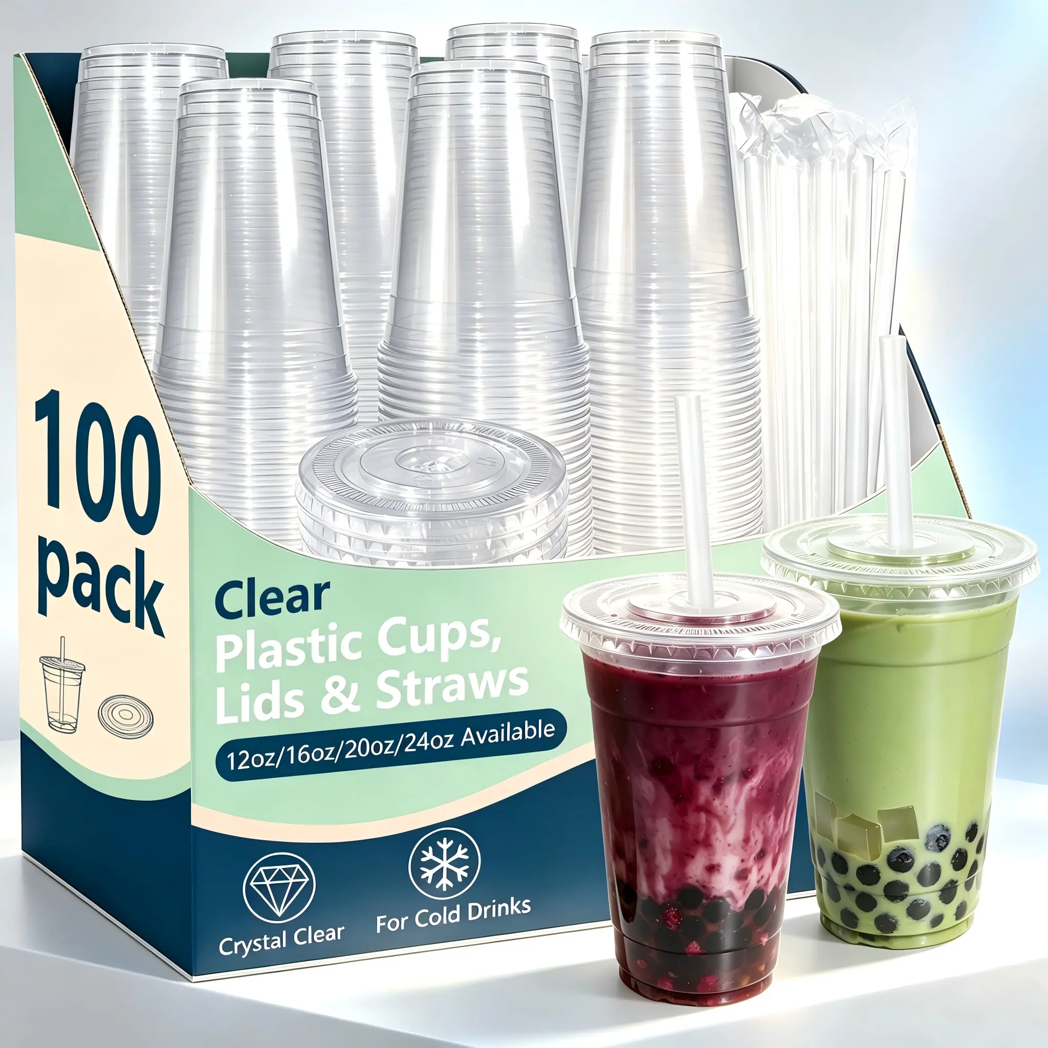 Lightweight Disposable Wide-Mouth 98mm Cup Diameter Transparent Plastic Cold Drink Cups - 100 Sets with Flat Lids & Straws, 12-24oz (Incl.16oz) Options, Suitable for Christmas, Home Supplies, Party Supplies
