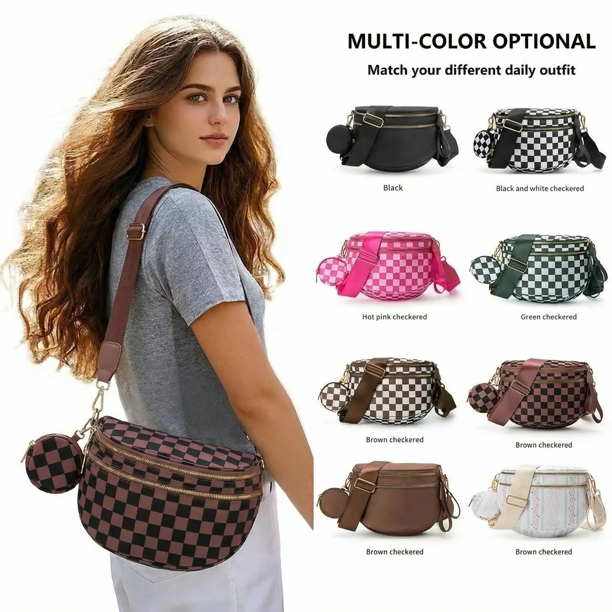 Home Organizers 2-Piece Waterproof Plaid Polyester Storage Set - Zip Bum Bag with Adjustable Shoulder Strap, Lightweight High-Capacity Crossbody + Mini Wallet Purse for Street Fashion, Travel (Holiday & Birthday Gift Option)