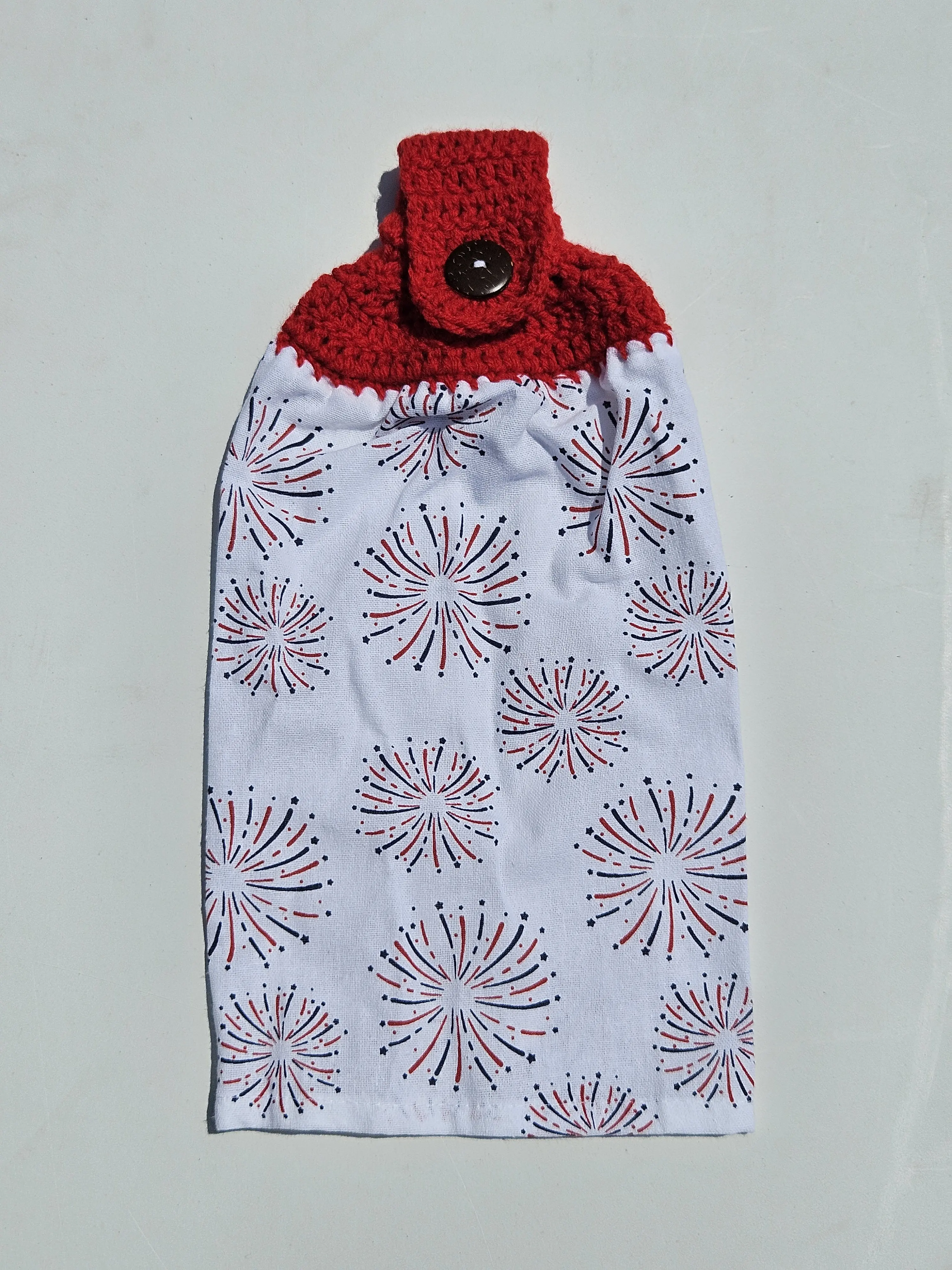 Crochet Top Kitchen Towel | Hanging Hand Towel with Coconut Button | Handmade Kitchen Décor | Fireworks