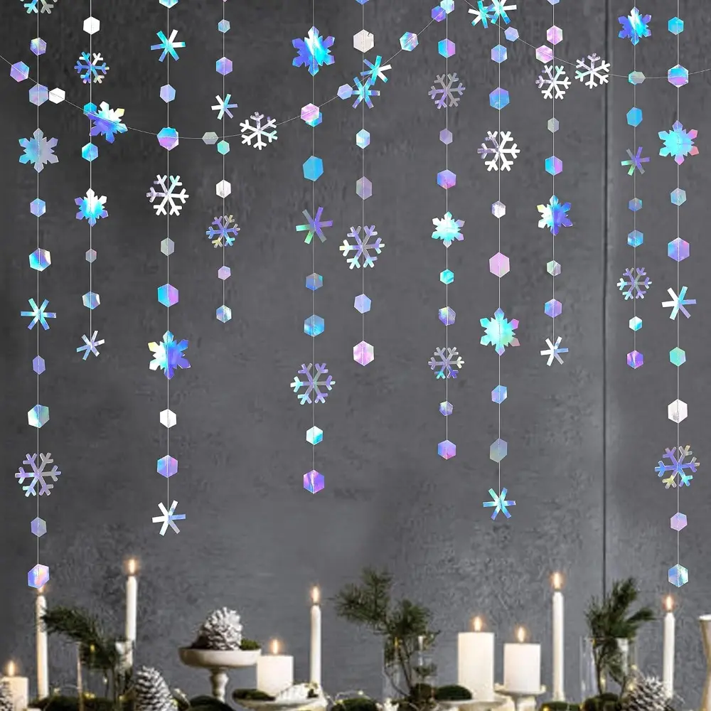 Clearance 52Ft Colorful Hanging Iridescent Snowflake Garland Bling Kit - Holographic Paper Streamer Backdrop Set for Winter Christmas, Wedding, Hen Party Home & Festive Decor Supplies