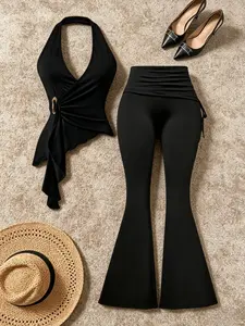 Spring Autumn Pure Desire Halter Neck Top, Asymmetric Irregular Hem Design, Foldover Slim Fit Long Pants Set, Two-Piece Outfit, Womenswear