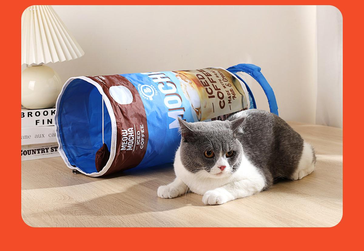 Double-Entry Crinkle Cat Tunnel – Expandable Hideout with Hanging Sound Toy & Tassel, Space-Saving, for Indoor Cats (2 SKU: Chip Can / Coffee Bean Can)