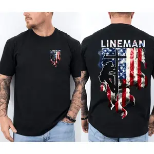 Lineman American Flag T-Shirt, Electric Lineman Patriotic T Shirt, USA Utility Worker Pride Tee, Blue Collar Independence Day Gift