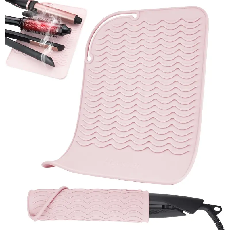 2pcs Heat Resistant Mat for Curling Iron, Flat Irons and Hair Straightener Hair Styling Tools 9" x 6", Food Grade Silicone, Pink+Rose Red