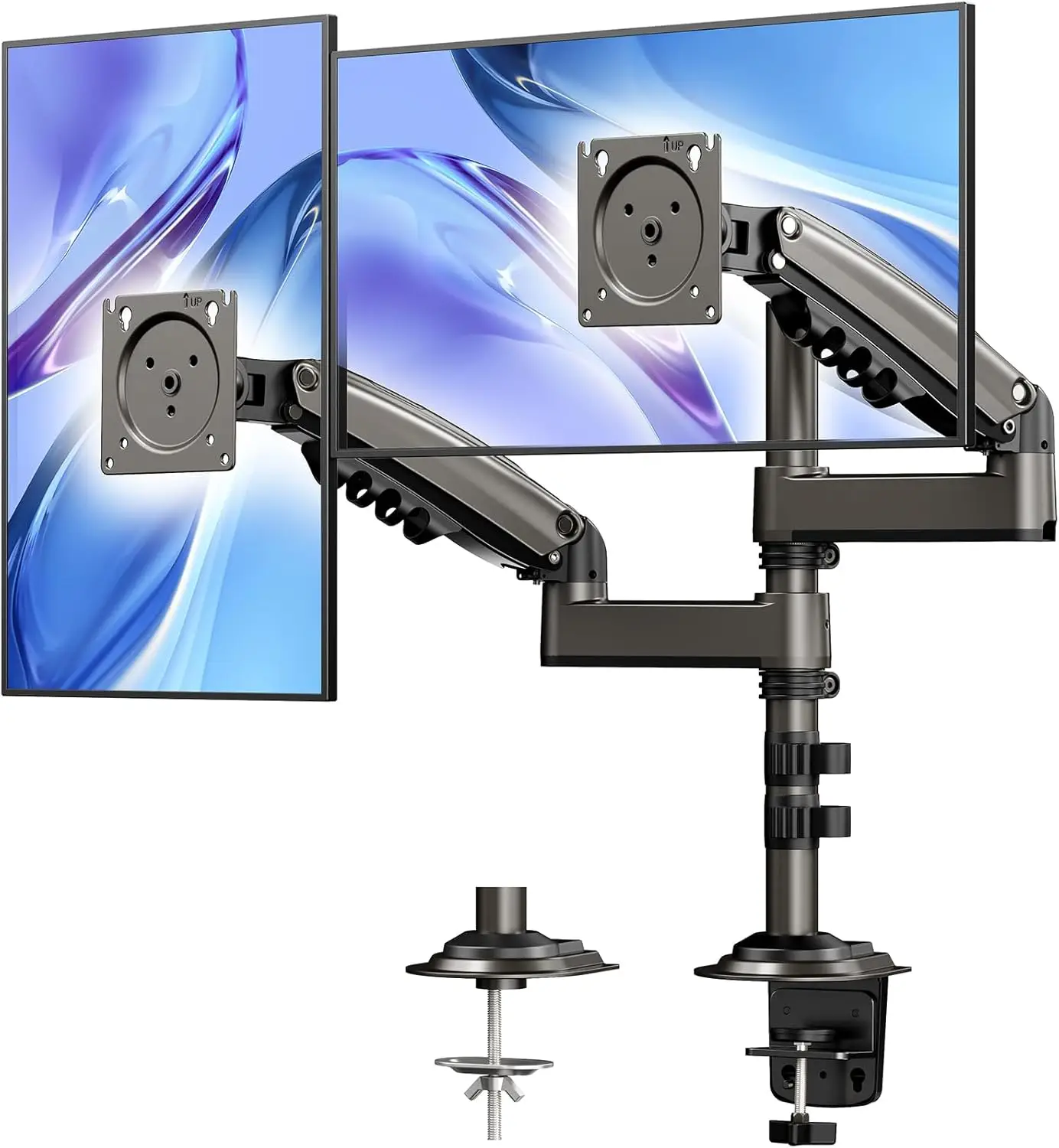 HUANUO 13-32 Inch Dual Monitor Stand, Gas Spring Dual Monitor Mount, Monitor Stand 2 Monitors, Ergonomic Adjustable Tilt/Swivel/Rotate, Weight Max 19.
