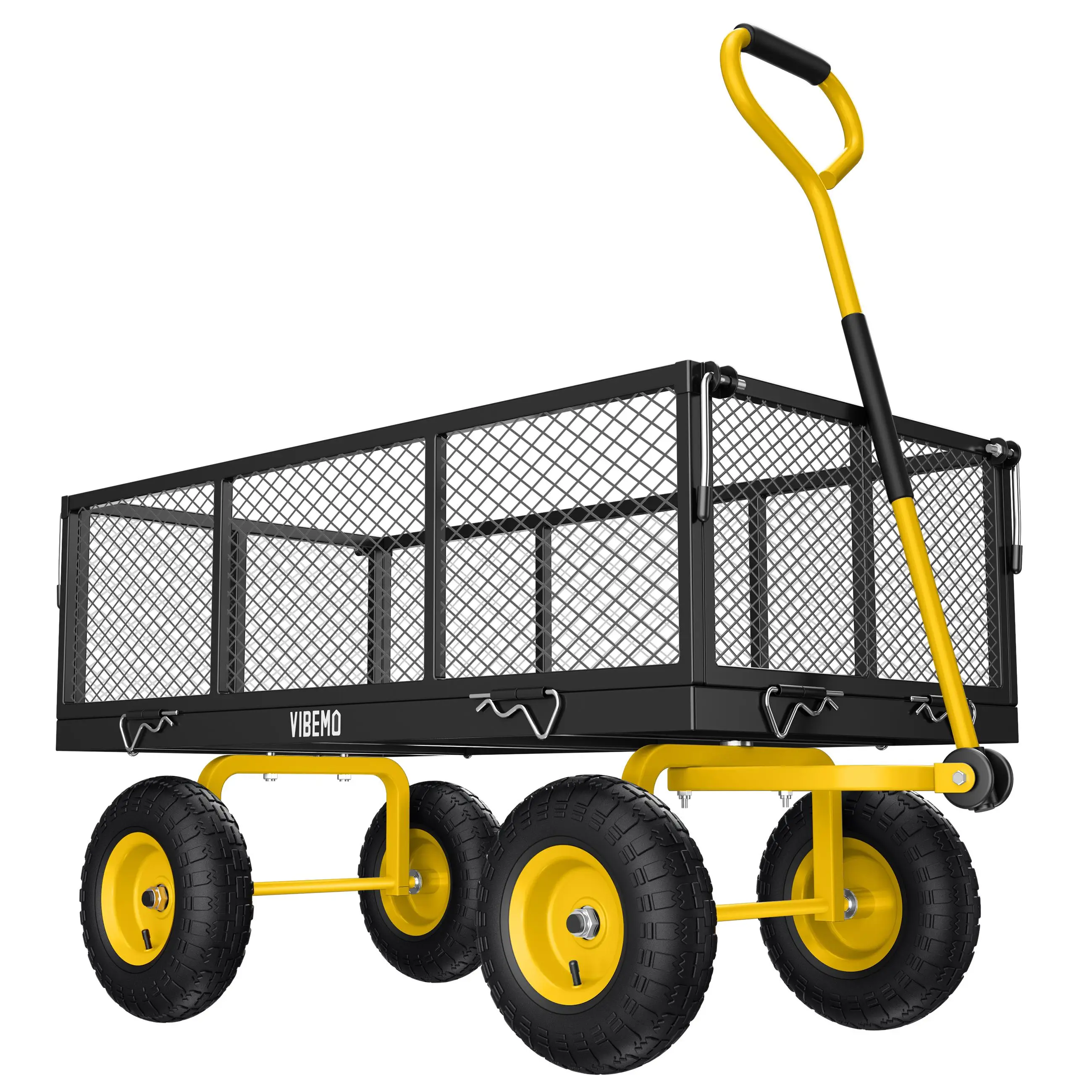 Vibemo Steel Garden Cart, 2-in-1 900 lbs Heavy Duty Utility Wagon, with Removable Mesh Sides to Convert into Flatbed, 240° U-Turn 10" Pneumatic Tires