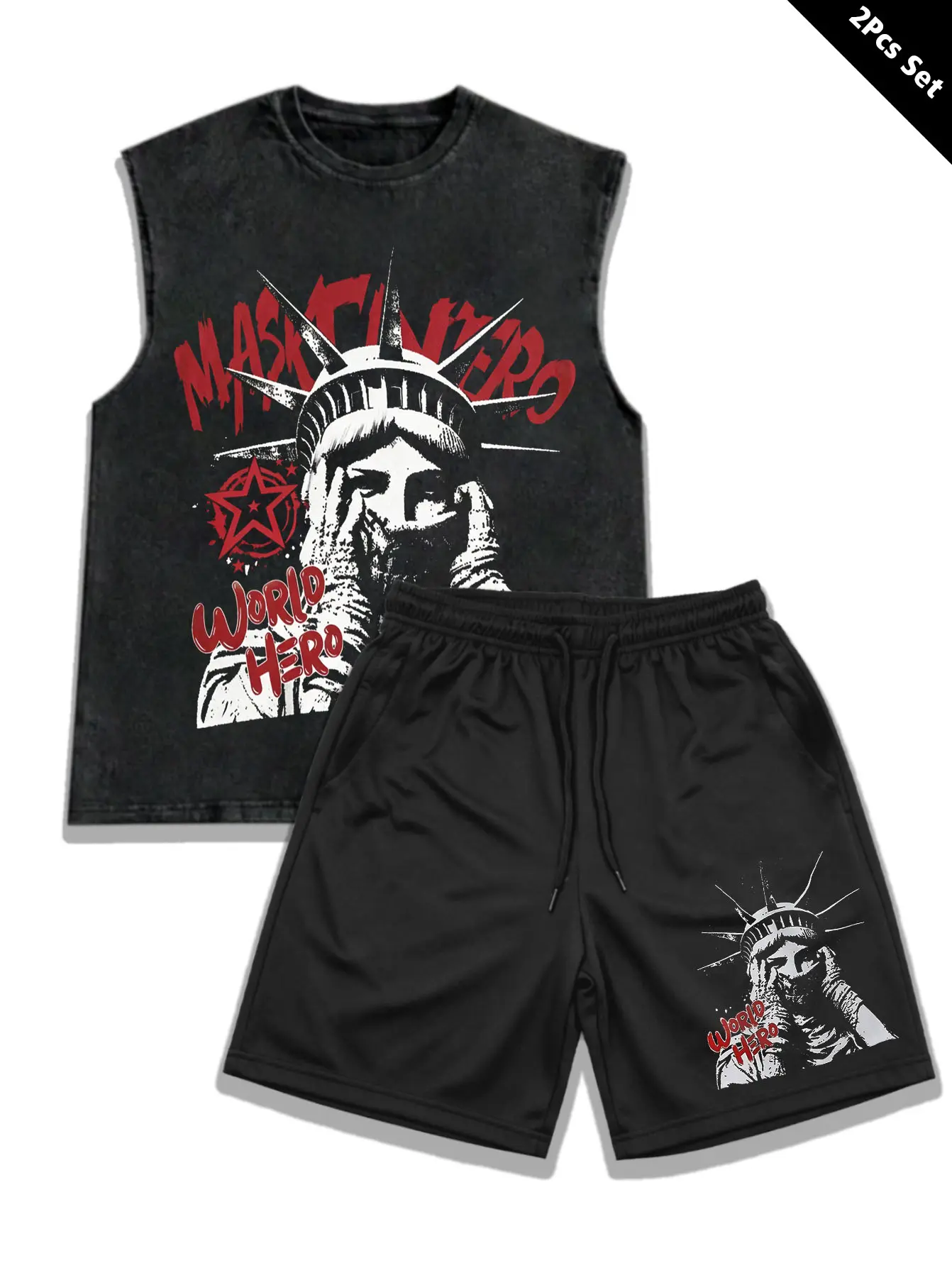 1 set washed vintage sleeveless tank top paired with black athletic shorts, a two-piece outfit featuring prints that blend a remixed Statue of Liberty motif, pentagrams, and graffiti handwritten lettering; Old School hip-hop and Y2K high-street style of