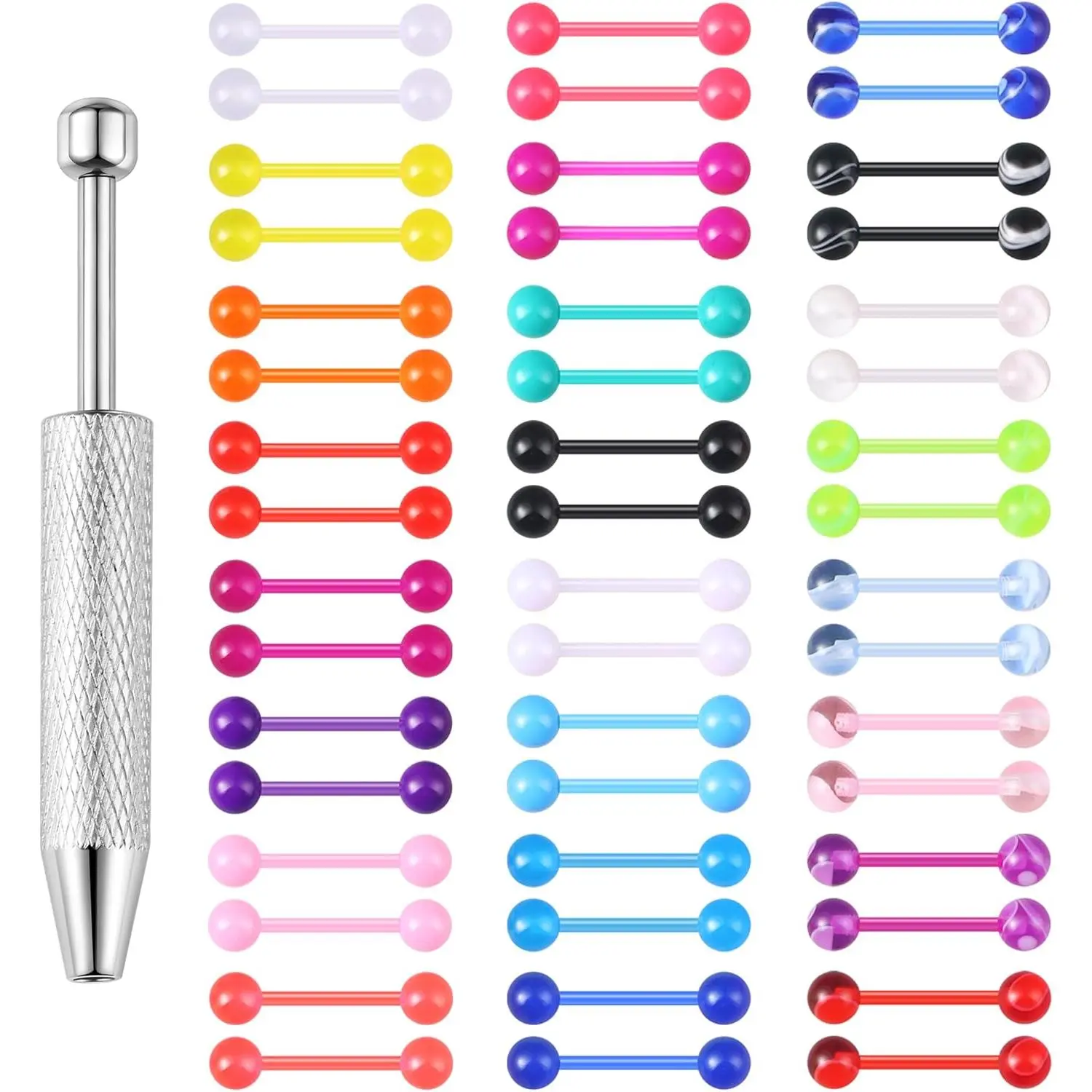 Female 48-Piece 14G Flexible Acrylic Straight Tongue Ring Barbell Set, 14mm Lead-Free Bar Piercings Kits, Candy Color Ball Grabber Body Jewelry