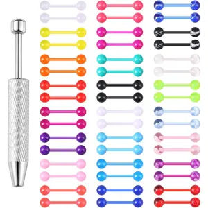 Women's 48-Piece 14G Flexible Acrylic Straight Tongue Ring Barbell Set, 14mm Bar Lead-Free Piercings Kits, Candy Color Ball Grabber Body Jewelry