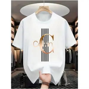 Men'S Casual Calvin Graphic T-Shirt - Bold Letter Print with Black Stripes &Golden Accents, Breathable Round NeckSummer Streetwear, Machine Washable,Comfortable Everyday Fashion Tee,Everyday Tshirt|Bold Letter Print|Comfortable Fit, T Shir Cotton