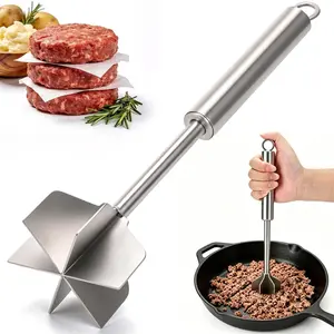 Meat Masher, 11 Inch Stainless Steel Ground Beef Masher with 6-Blade Head, Heavy Duty Meat Chopper for Ground Beef, Hamburger Smasher Tool for Potatoes, Chicken and Meal Prep
